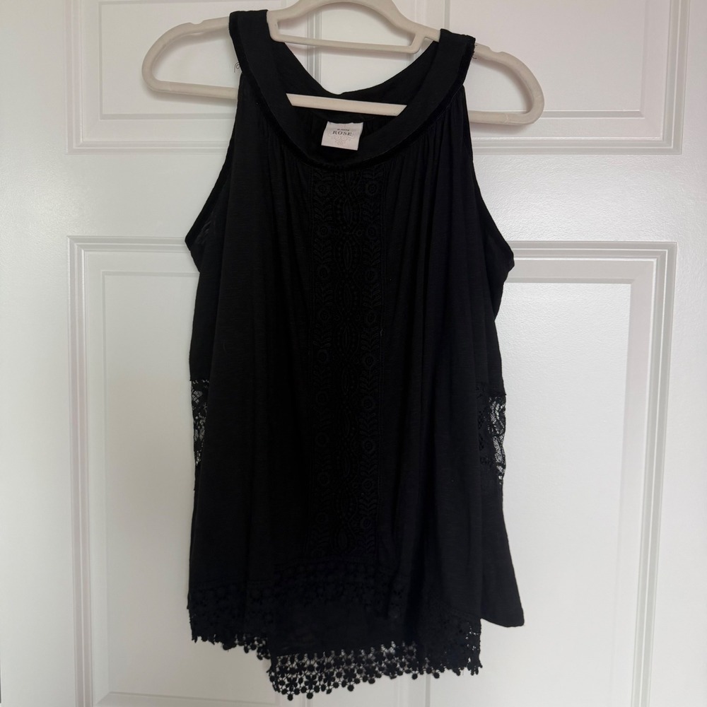 Knox Rose Top Womens L Black Cold Shoulder Lace Crochet Boho Blouse Slub Knit